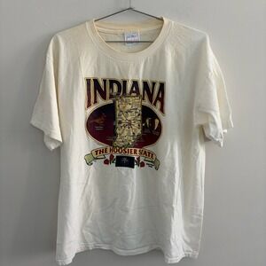 Vintage Indiana The Hoosier State Map Graphic T-Shirt All Sport Events Cream L
